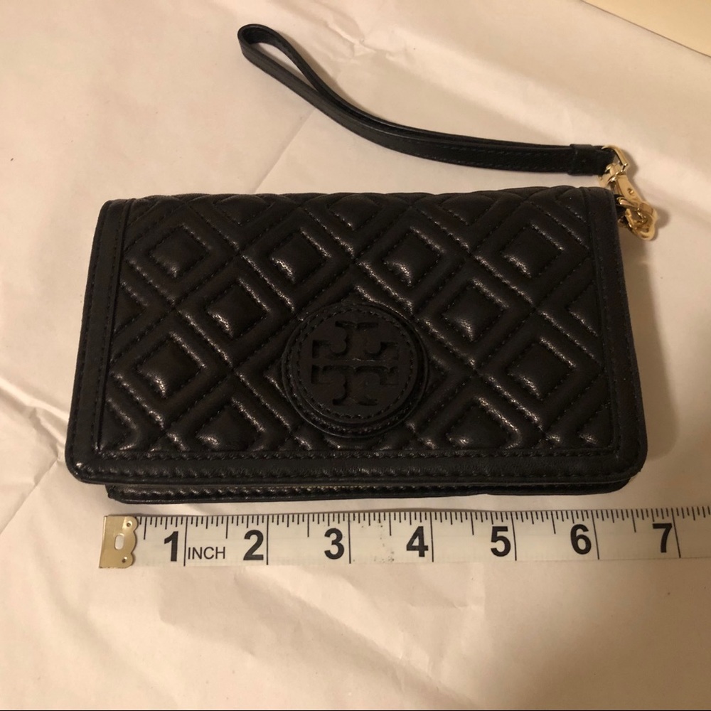 Tory Burch Quilted Black Leather Wristlet Wallet with Gold Hardware